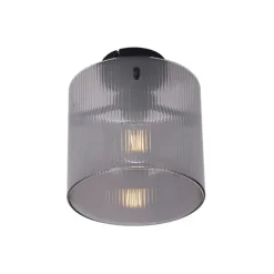 Art Deco plafondlamp zwart met smoke glas - Laura