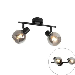 Art Deco plafondlamp zwart met smoke glas 2-lichts - Vidro