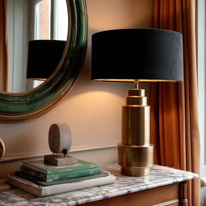 Art deco tafellamp brons velours kap zwart met goud 50 cm - Bruut