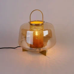 Art deco tafellamp goud met amber glas 30 cm - Kevin
