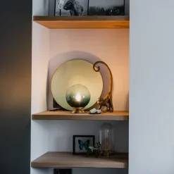 Art deco tafellamp messing met oceaanblauw glas - Pallon