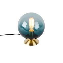 Art deco tafellamp messing met oceaanblauw glas - Pallon