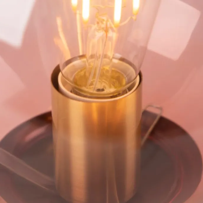 Art deco tafellamp messing met roze glas - Pallon