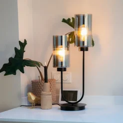 Art Deco tafellamp zwart met smoke glas 2-lichts - Laura