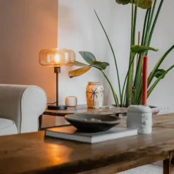 Art deco tafellamp zwart met amber glas - Bizle