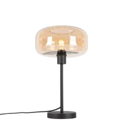 Art deco tafellamp zwart met amber glas - Bizle