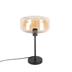 Art deco tafellamp zwart met amber glas - Bizle