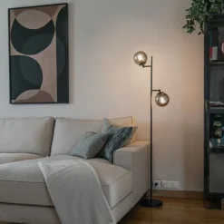 Art Deco vloerlamp zwart met smoke glas 2-lichts - Pallon