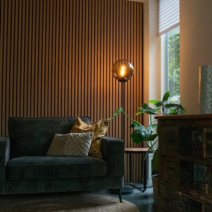 Art deco vloerlamp zwart met glas smoke - Pallon