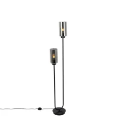 Art Deco vloerlamp zwart met smoke glas 2-lichts - Laura