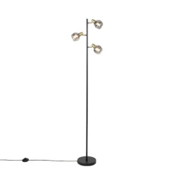 Art deco vloerlamp zwart en goud met smoke glas 3-lichts - Vidro
