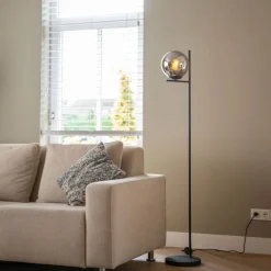 Art Deco vloerlamp zwart met glas smoke - Flore