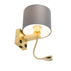 Art deco wandlamp goud met USB en grijze kap - Brescia