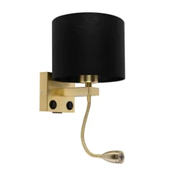 Art deco wandlamp goud met USB en zwarte kap - Brescia