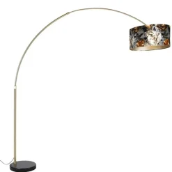 Booglamp messing met zwart kap bloem dessin 50 cm - XXL