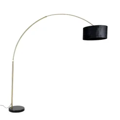 Booglamp messing met zwart stoffen kap zwart 50 cm - XXL