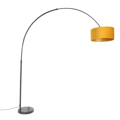 Booglamp zwart met velours kap okergeel met goud 50 cm - XXL