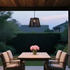 Buiten hanglamp zwart met zwarte kap van touw IP44 - Cava Jayla