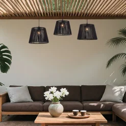 Buiten hanglamp zwart met zwarte kap van touw 3-lichts IP44 - Cava Jayla