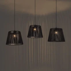 Buiten hanglamp zwart met zwarte kap van touw 3-lichts IP44 - Cava Jayla