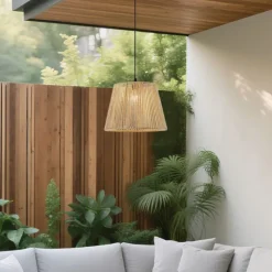 Buiten hanglamp zwart met beige kap van touw IP44 - Cava Jayla