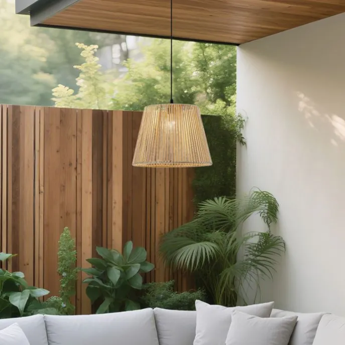 Buiten hanglamp zwart met beige kap van touw IP44 - Cava Jayla