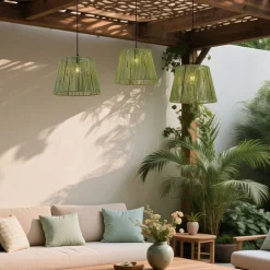 Buiten hanglamp zwart met groene kappen van touw 3-lichts IP44 - Cava Jayla