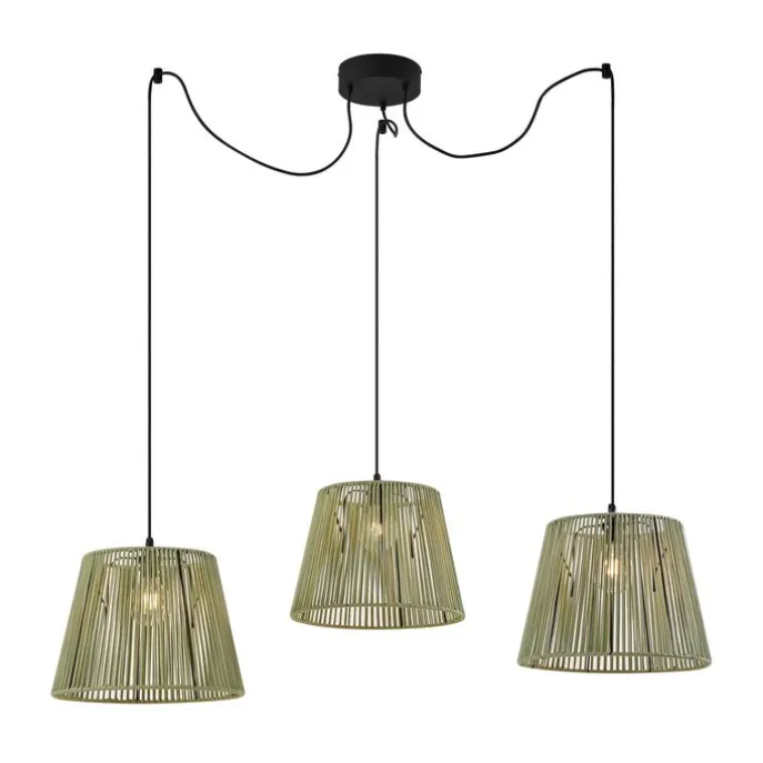 Buiten hanglamp zwart met groene kappen van touw 3-lichts IP44 - Cava Jayla