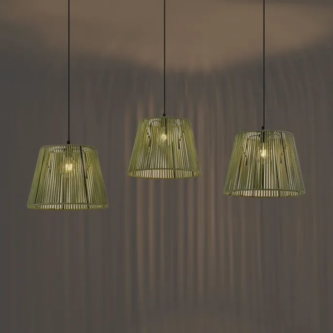 Buiten hanglamp zwart met groene kappen van touw 3-lichts IP44 - Cava Jayla