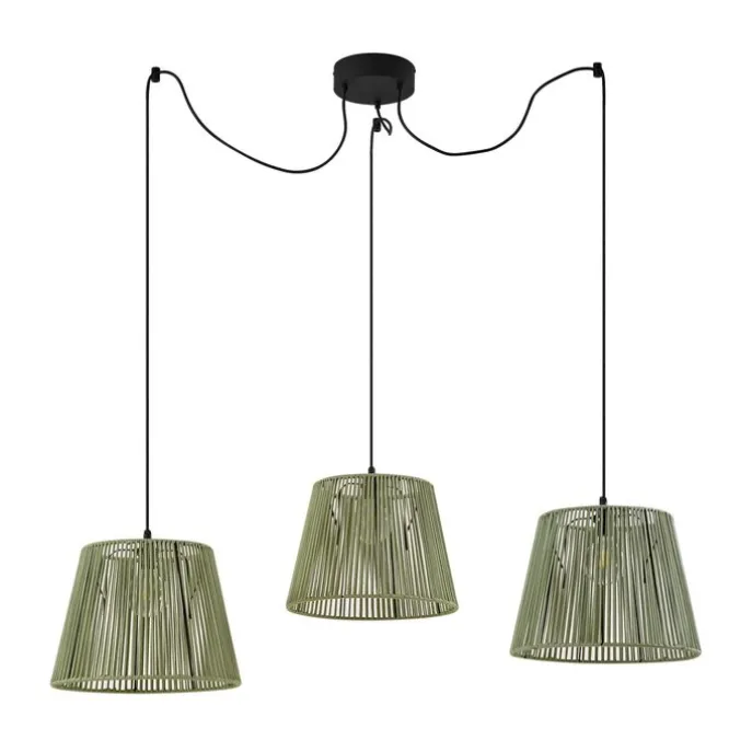 Buiten hanglamp zwart met groene kappen van touw 3-lichts IP44 - Cava Jayla