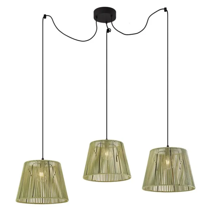 Buiten hanglamp zwart met groene kappen van touw 3-lichts IP44 - Cava Jayla