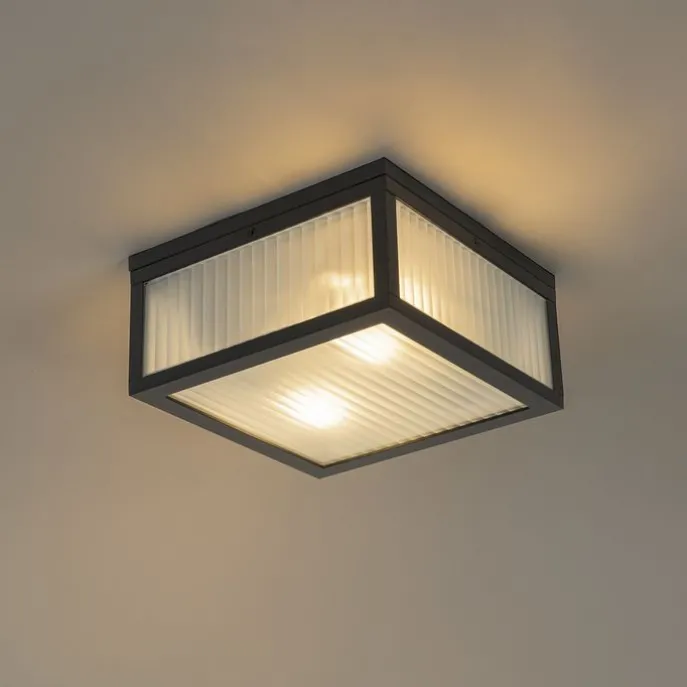 Buiten plafondlamp zwart met ribbel glas 2-lichts IP44 - Charlois