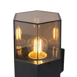Buiten wandlamp zwart met smoke glas zeshoek en bewegingssensor - Denmark