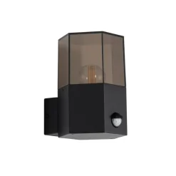 Buiten wandlamp zwart met smoke glas zeshoek en bewegingssensor - Denmark