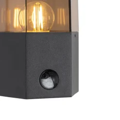 Buiten wandlamp zwart met smoke glas zeshoek en bewegingssensor - Denmark