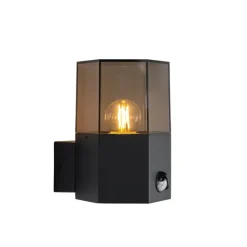 Buiten wandlamp zwart met smoke glas zeshoek en bewegingssensor - Denmark
