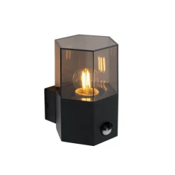 Buiten wandlamp zwart met smoke glas zeshoek en bewegingssensor - Denmark
