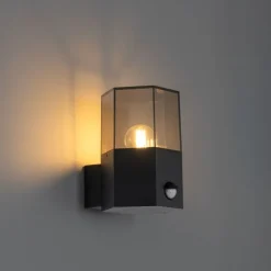 Buiten wandlamp zwart met smoke glas zeshoek en bewegingssensor - Denmark