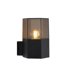 Buiten wandlamp zwart met smoke glas zeshoek IP44 - Denmark