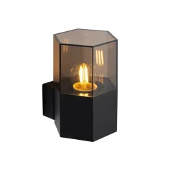 Buiten wandlamp zwart met smoke glas zeshoek IP44 - Denmark