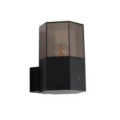 Buiten wandlamp zwart met smoke glas zeshoek en schemersensor - Denmark
