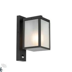 Buiten wandlantaarn zwart met ribbel glas en bewegingssensor - Charlois