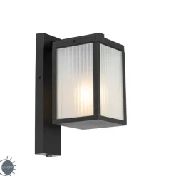 Buiten wandlantaarn zwart met ribbel glas en schemersensor - Charlois