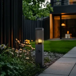 Buitenlamp donkergrijs met smoke glas 45cm IP44 met stopcontact en bewegingssensor - Malios