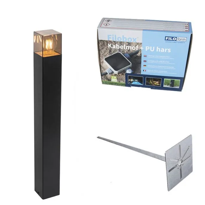 Buitenlamp zwart met smoke glas met grondpin en kabelmof 70cm IP44 - Denmark