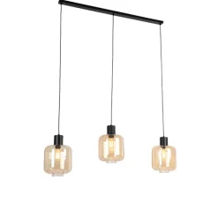 Design hanglamp zwart met amber glas 3-lichts 161,5 cm - Qara