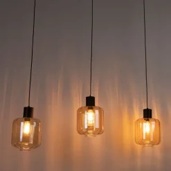 Design hanglamp zwart met amber glas 3-lichts 161,5 cm - Qara