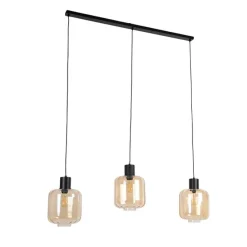 Design hanglamp zwart met amber glas 3-lichts 161,5 cm - Qara