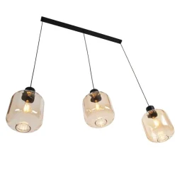 Design hanglamp zwart met amber glas 3-lichts 161,5 cm - Qara