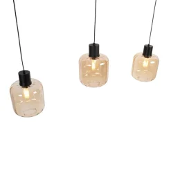Design hanglamp zwart met amber glas 3-lichts 161,5 cm - Qara